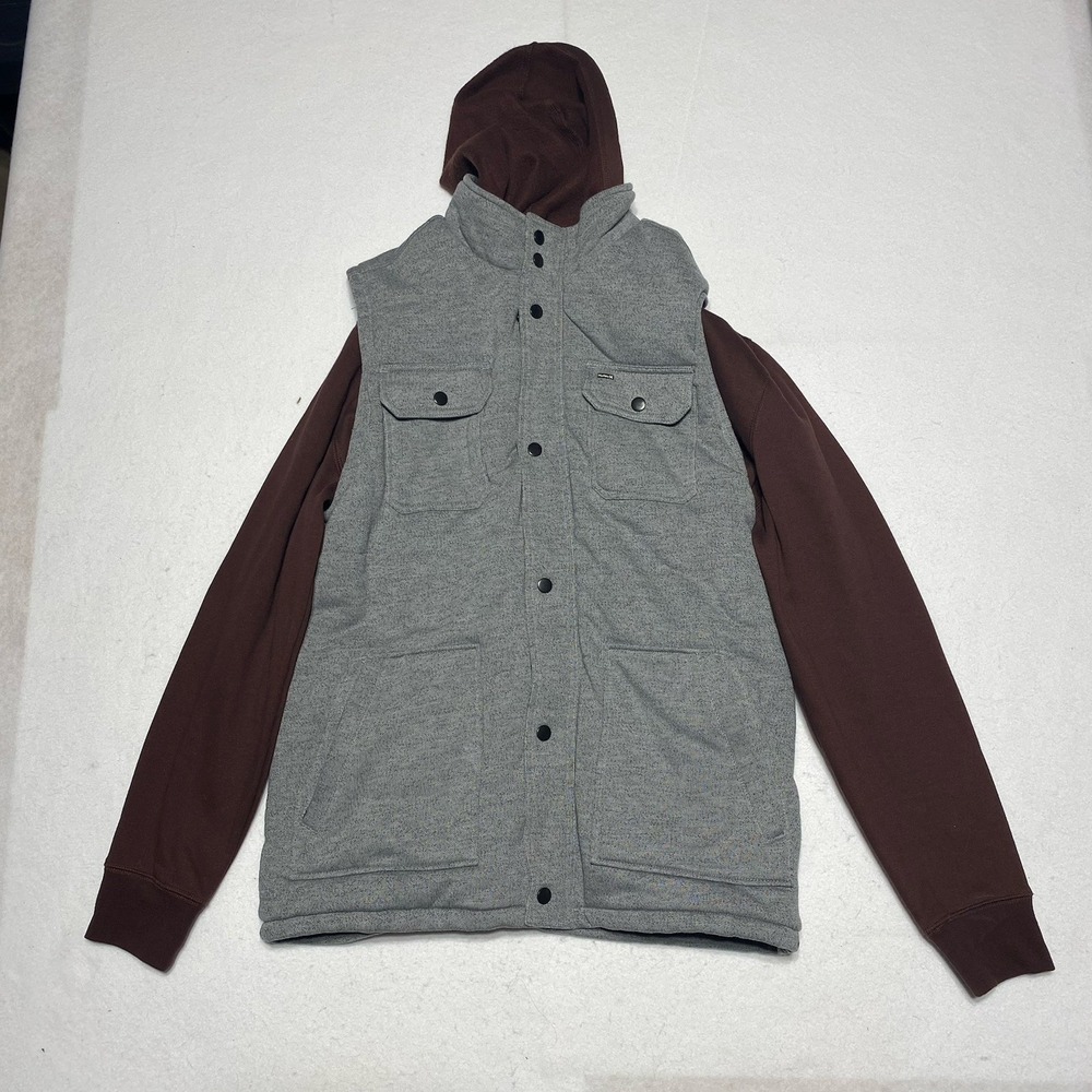 Hurley Buckle Jacket Men L Gray Brown Hoodie Snap Front Two Tone Fleece Lined